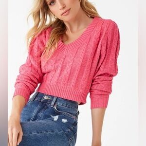Forever 21 V Neck Pink Chunky Cable-Knit Sweater